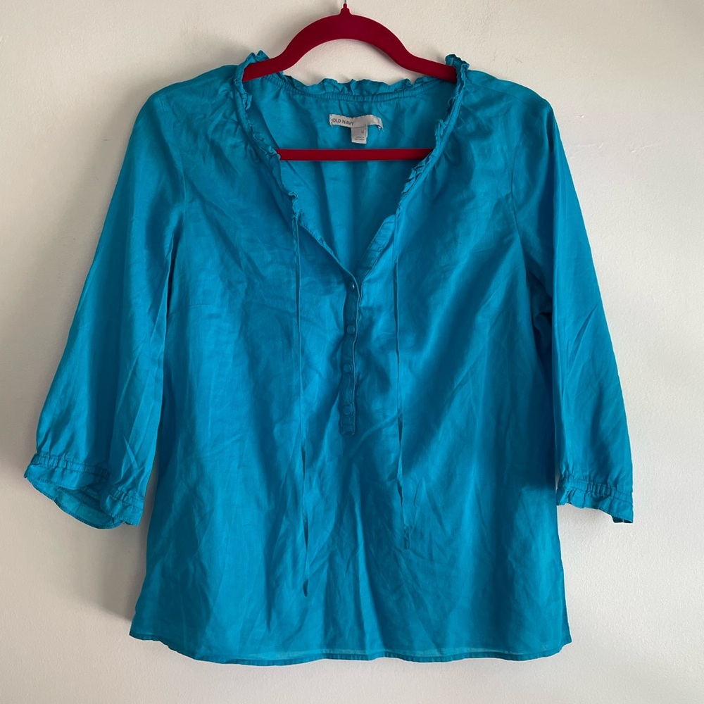 Old Navy Turquoise Blue Ruffled V-Neck Blouse